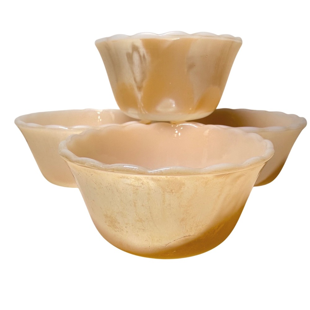 Vintage Fire-King Peach Lustre Scalloped Custard Cups Set of 4 Milk Glass 6oz